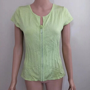 Belldini Knit Top Zip Up Lime Green Large Rhinestone Y2K Cybercore Sporty Chic
